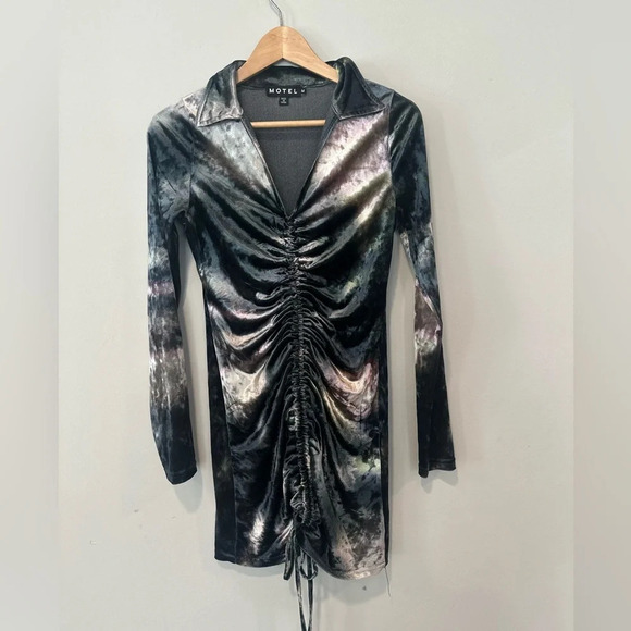 MOTEL x IRIS Aviva Y2k Mini Dress Velvet Ruched Abstract Camo medium 1290 - Picture 3 of 10
